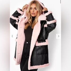NWT Boohoo Black Leather & Faux Pink Fur Aviator Hooded Jacket 💗🖤